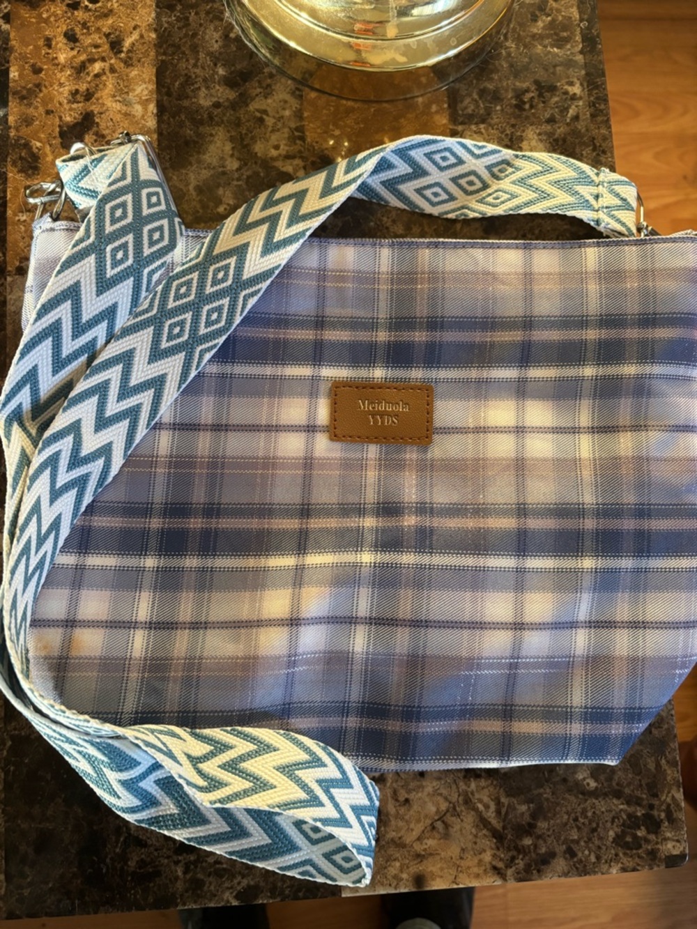 Melodía Plaid Crossbody Bag in Blue with Patterned Strap